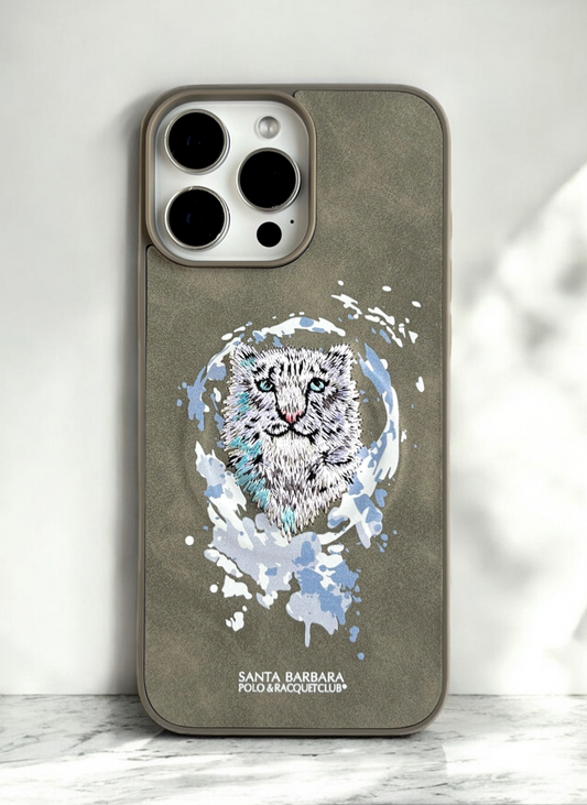 Santa Barbara Grey Phone Case with Embroidered Snow Leopard Design