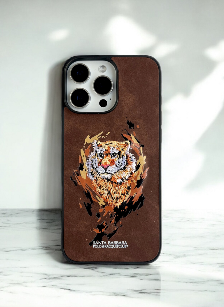 Santa Barbara Brown Phone Case with Embroidered Tiger Design – Buzz Street Santa Barbara Brown Phone Case with Embroidered Tiger Design – Buzz Street