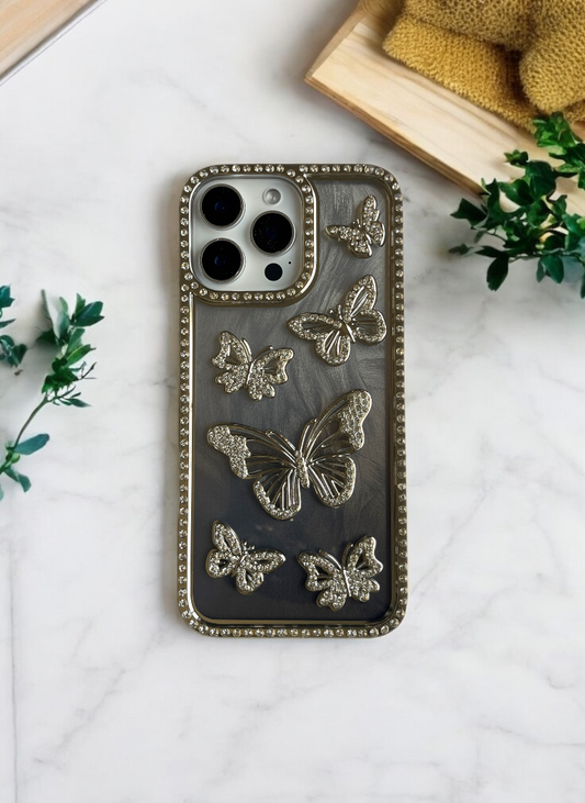 Silver Color Butterfly Phone Case With Studded Diamonds