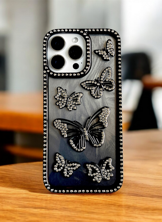Black Color Butterfly Phone Case With Studded Diamonds