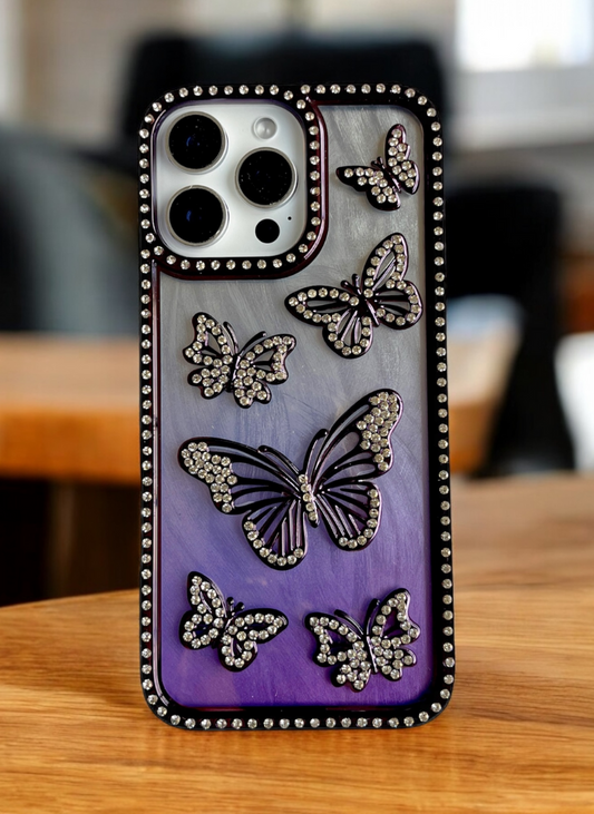 Purple Color Butterfly Phone Case With Studded Diamonds