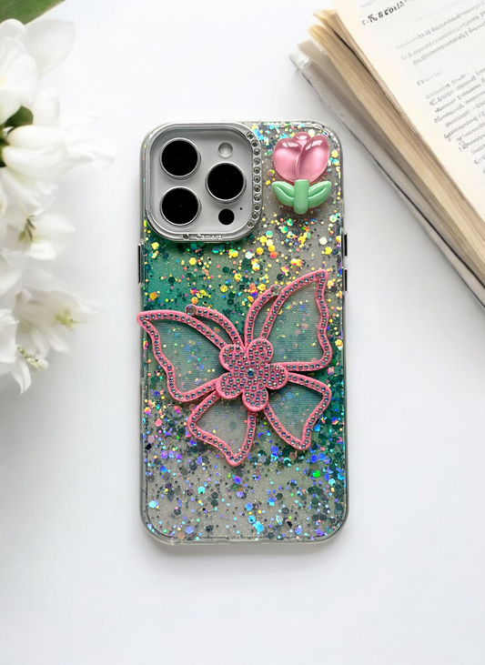 Green Sparkle Bloom 3D Butterfly Phone Case with Charm