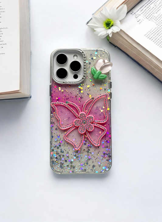 Pink Sparkle Bloom 3D Butterfly Phone Case with Charm
