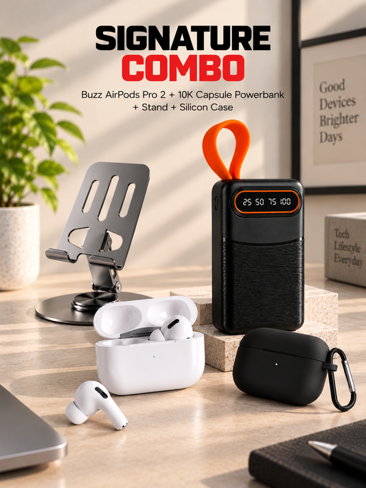 Signature Combo- AirPods Pro 2 with Noise Cancellation + 10,000mAH Capsule Powerbank + Mobile Stand + Silicon Case