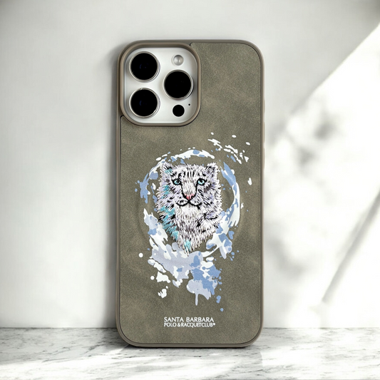 Santa Barbara Grey Phone Case with Embroidered Snow Leopard Design