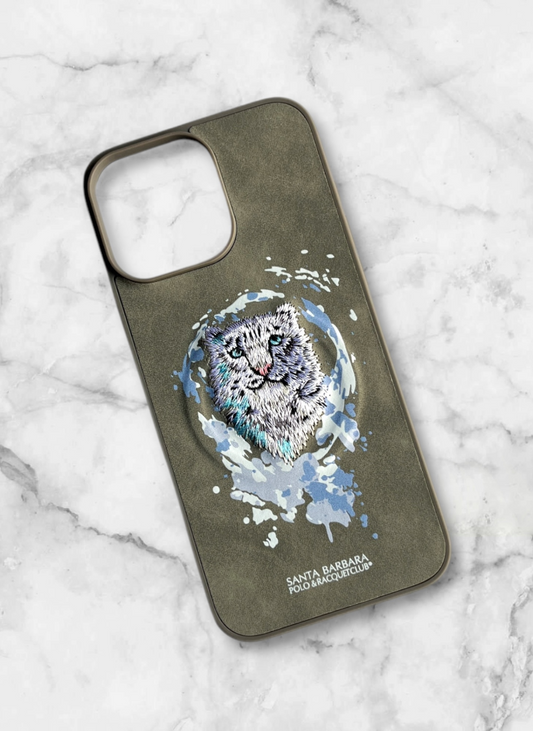 Santa Barbara Grey Phone Case with Embroidered Snow Leopard Design
