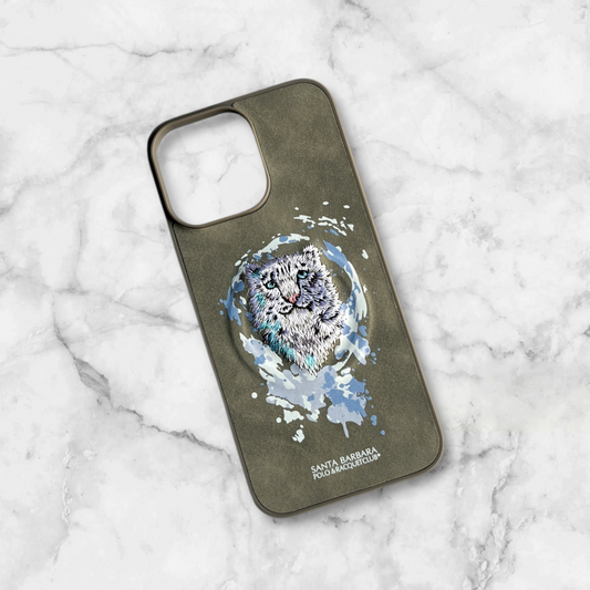 Santa Barbara Grey Phone Case with Embroidered Snow Leopard Design