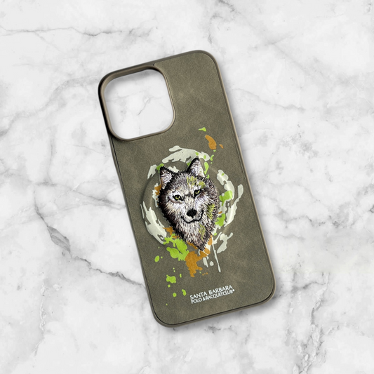 Santa Barbara Grey Phone Case with Embroidered Wolf Head