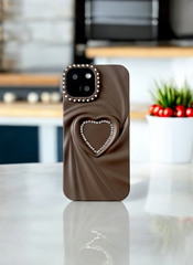 Mocha Brown Swirl Heart Bling Case for iPhone 15