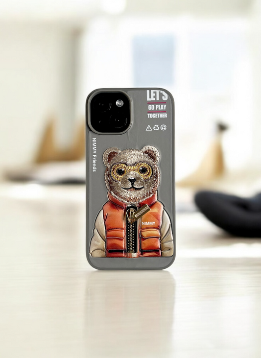 Nimmy Grey Bear Embroidery Case for iPhone 15
