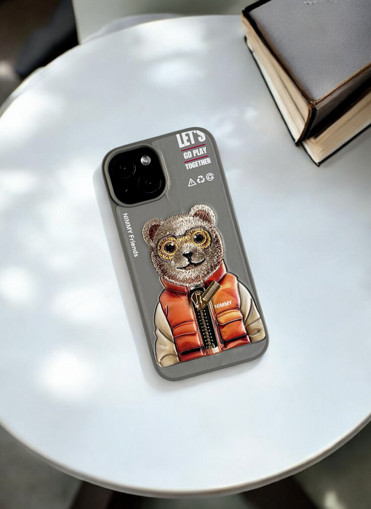 Nimmy Grey Bear Embroidery Case for iPhone 15