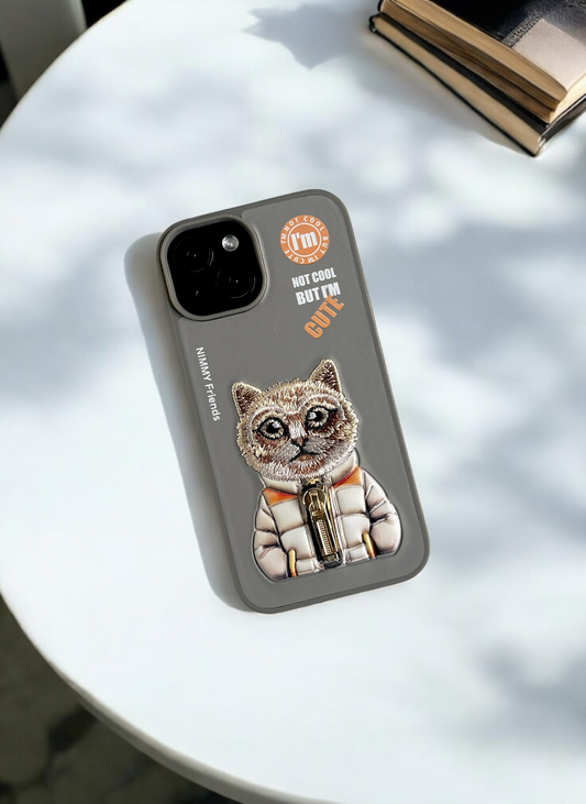 Nimmy Grey Cat Embroidery Case for iPhone 15
