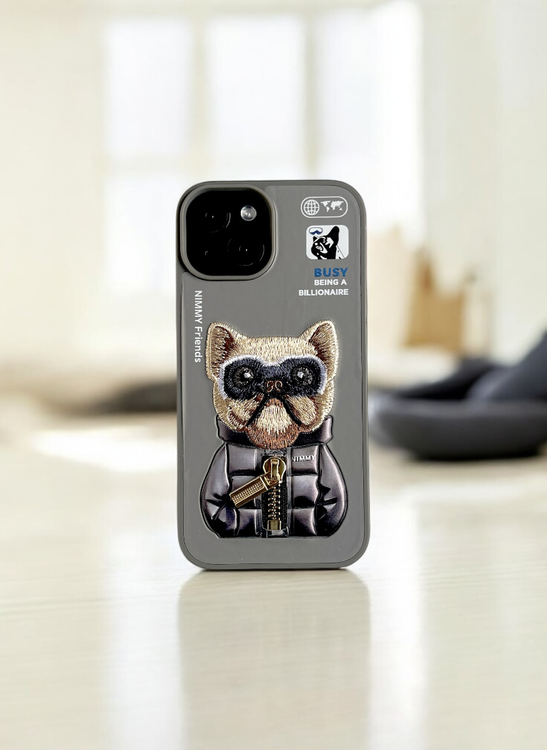 Nimmy Grey Bull Dog Embroidery Case for iPhone 15