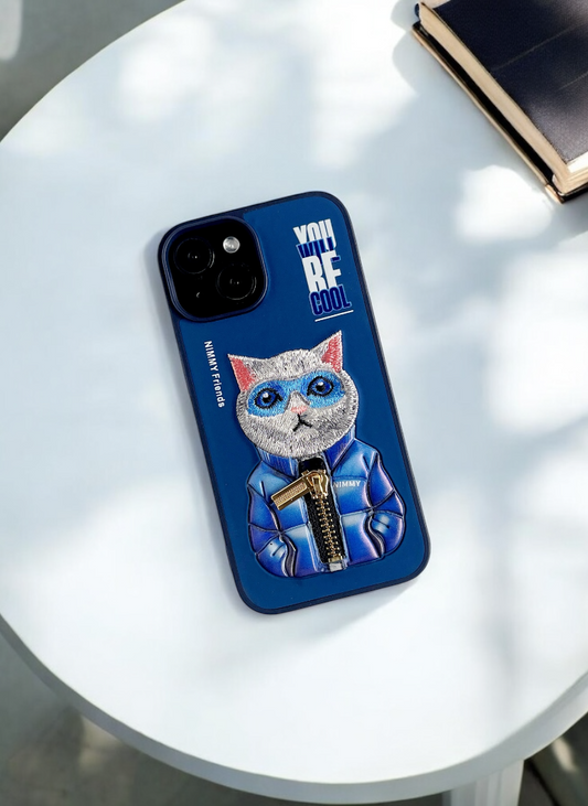 Nimmy Navy Blue Cat Embroidery Case for iPhone 15