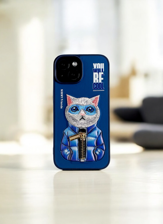 Nimmy Navy Blue Cat Embroidery Case for iPhone 15