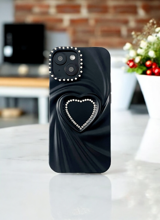 Black Swirl Heart Bling Case for iPhone 15