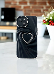 Black Swirl Heart Bling Case for iPhone 15
