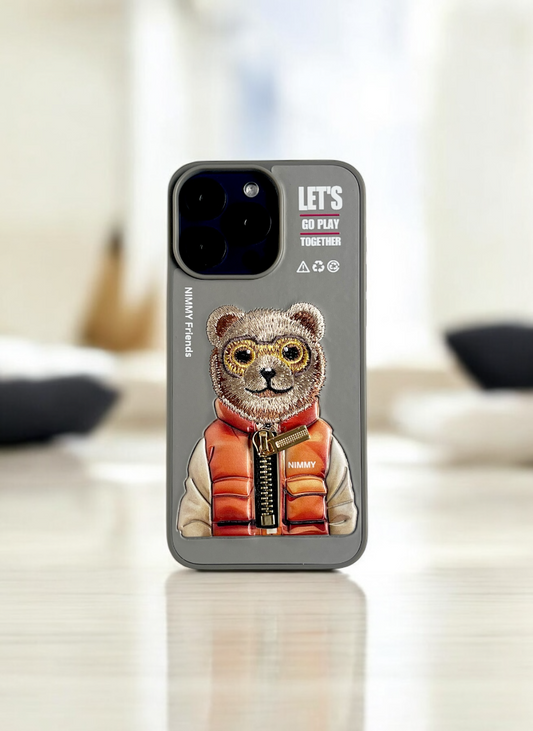 Nimmy Grey Bear Embroidery Case for iPhone 15 Pro Max