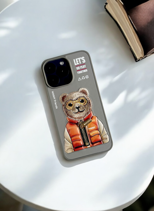 Nimmy Grey Bear Embroidery Case for iPhone 15 Pro Max