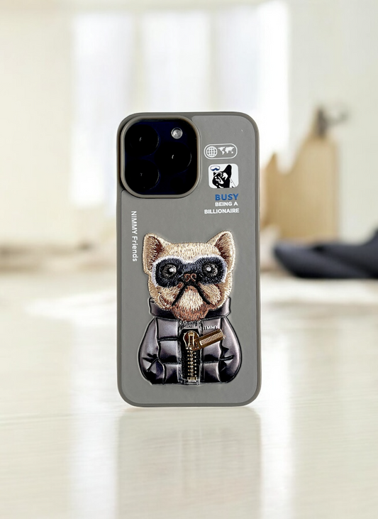 Nimmy Grey Bull Dog Embroidery Case for iPhone 15 Pro Max