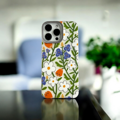 White Floral Case with Orange and Blue Accents