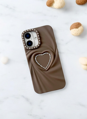 Mocha Brown Swirl Heart Bling Case for iPhone 16