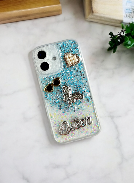 Blue Glitter Queen Case for iPhone 16 Plus