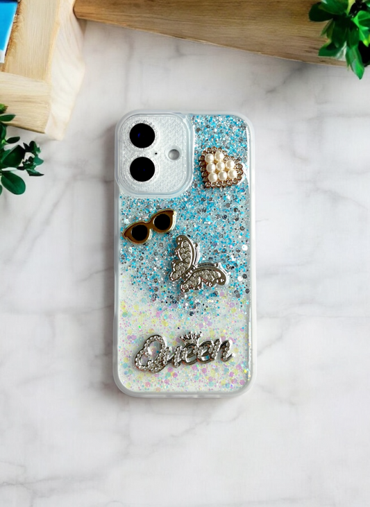Blue Glitter Queen Case for iPhone 16 Plus