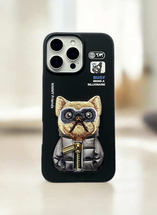 Nimmy Black Bull Dog Embroidery Case for iPhone 16 Pro