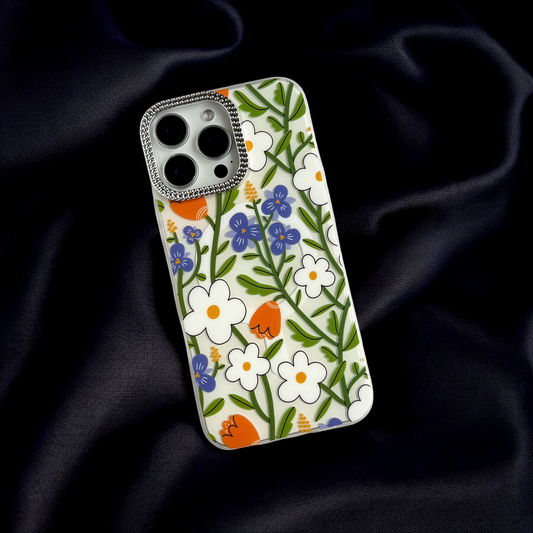 White Floral Case with Orange and Blue Accents