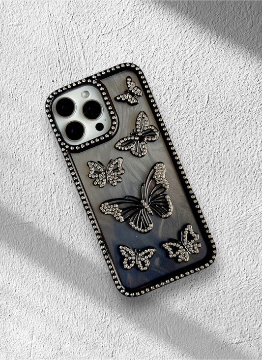 Black Color Butterfly Phone Case With Studded Diamonds