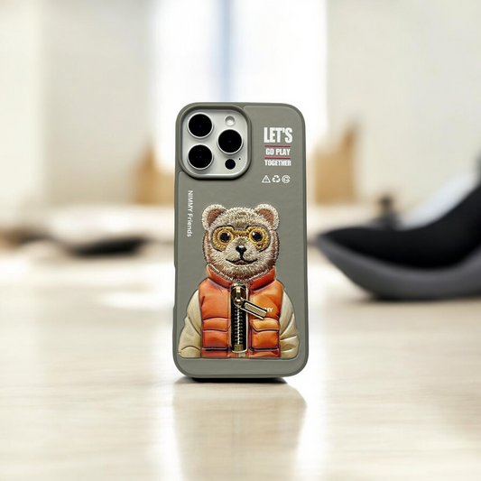 Nimmy Grey Bear Shockproof Embroidery PU Leather Phone Case