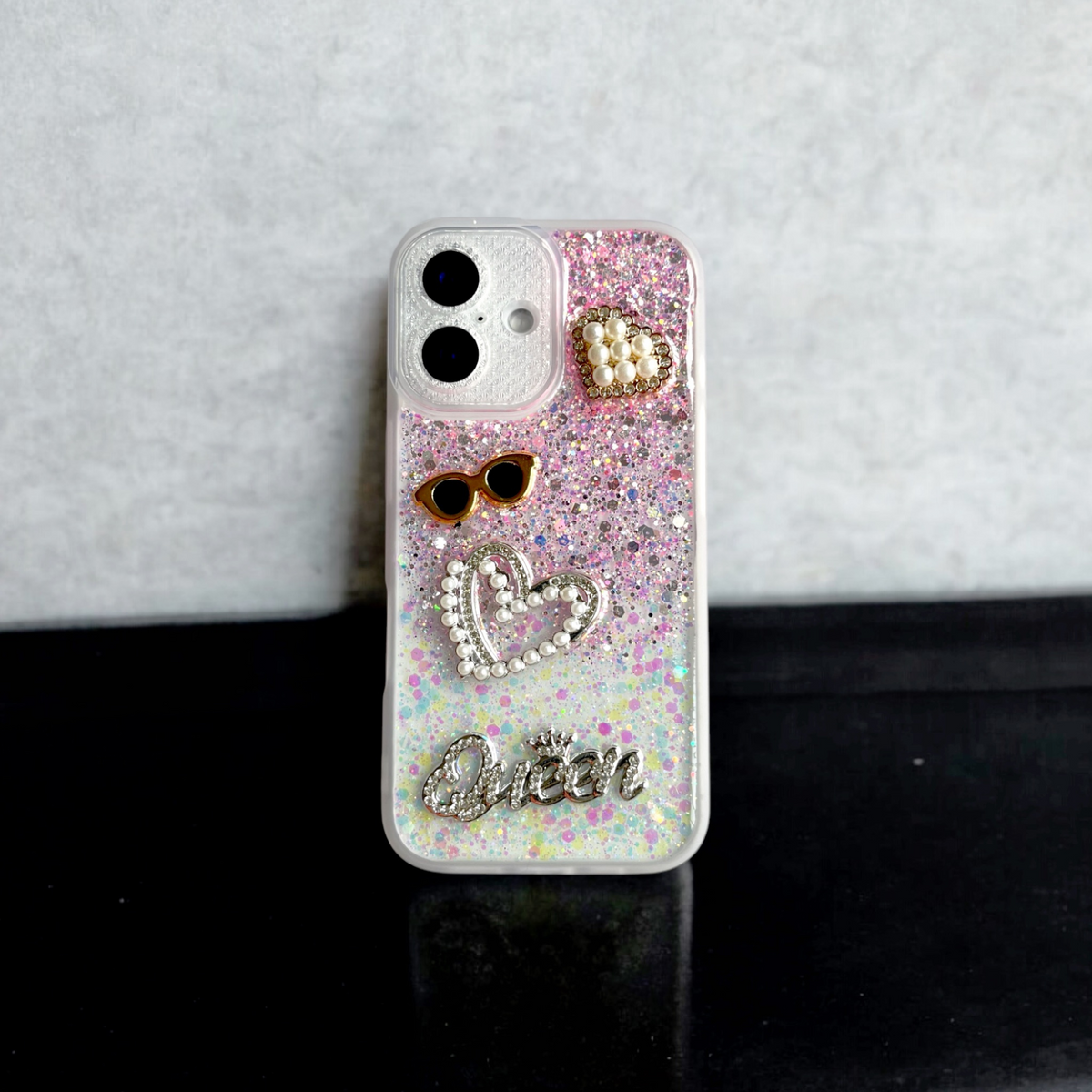 Pink & White Glitter Queen Luxe Bling Case