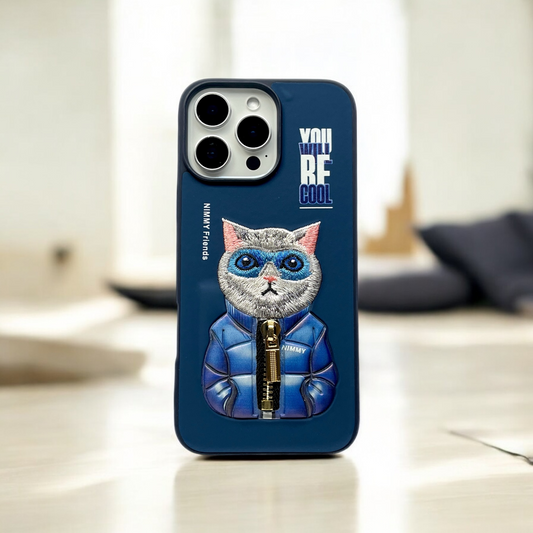 Nimmy Navy-Blue Cat Shockproof Embroidery PU Leather Phone Case