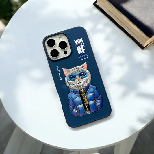 Nimmy Navy-Blue Cat Shockproof Embroidery PU Leather Phone Case