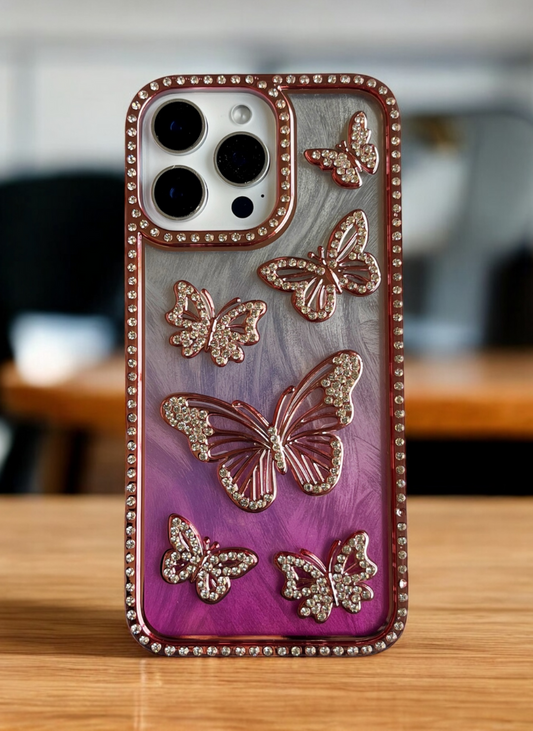 Pink Color Butterfly Phone Case With Studded Diamonds