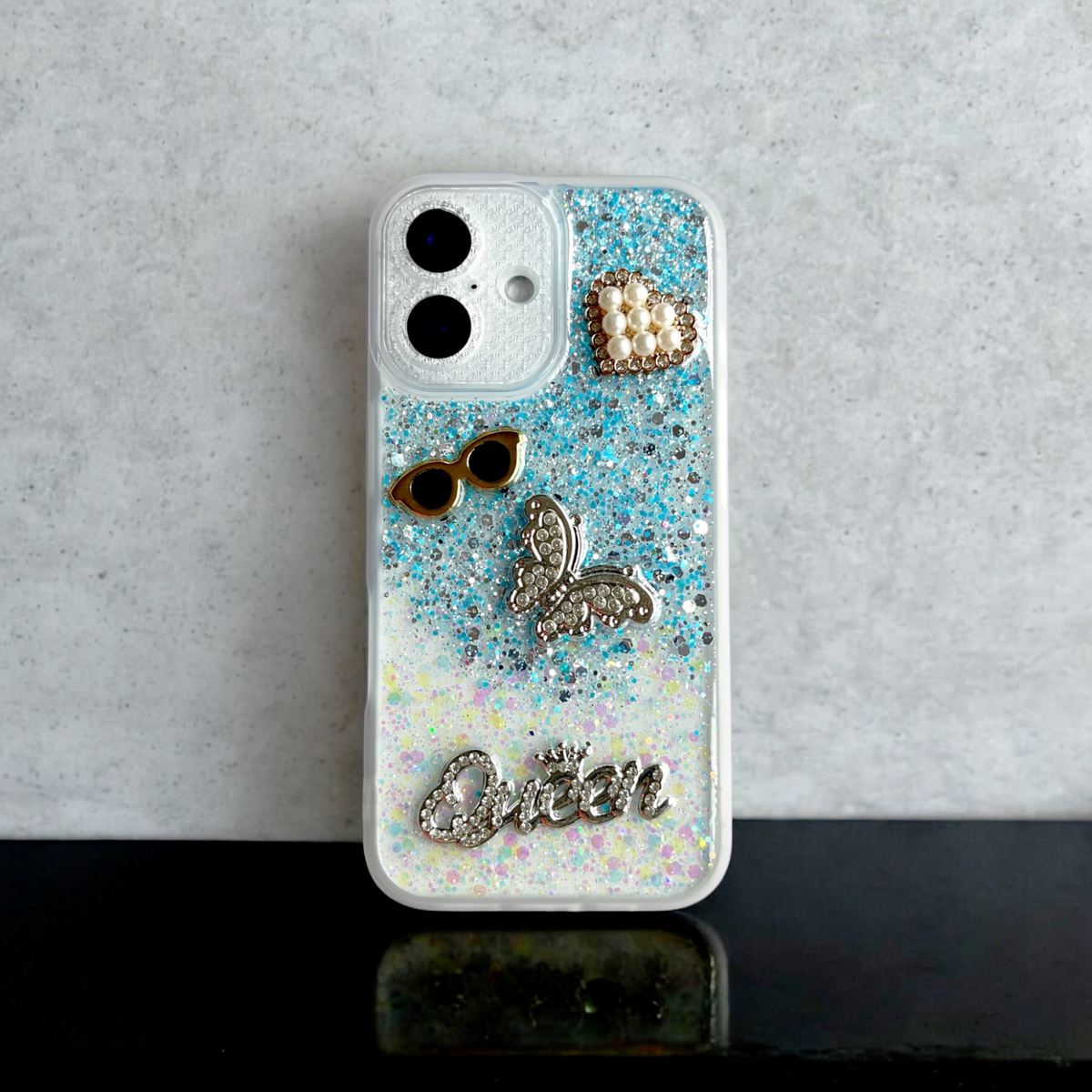 Blue & White Glitter Queen Luxe Bling Case