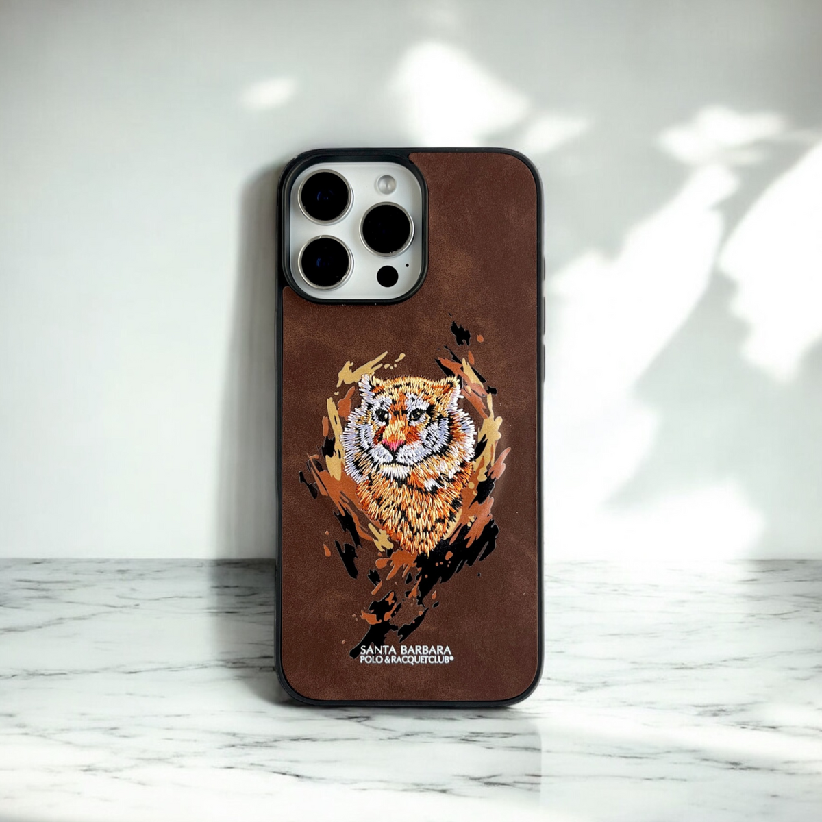 Santa Barbara Brown Phone Case with Embroidered Tiger Design