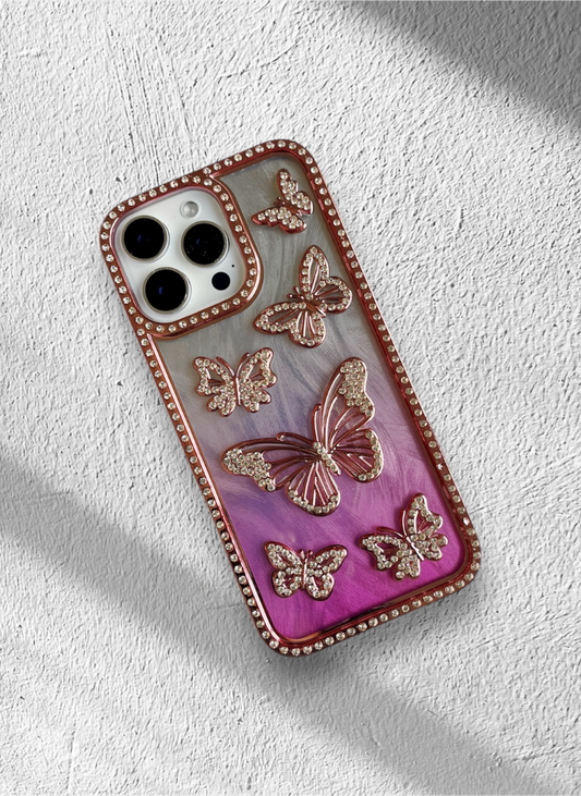 Pink Color Butterfly Phone Case With Studded Diamonds