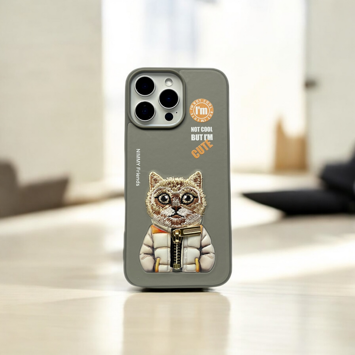 Nimmy Grey Cat Shockproof Embroidery PU Leather Phone Case