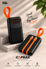 Buzz Street Capsule — 10,000 mAh Powerbank | 20W Fast Charging | Built-in Lightning + Type-C Cables