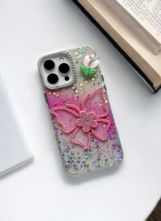 Pink Sparkle Bloom 3D Butterfly Phone Case with Charm