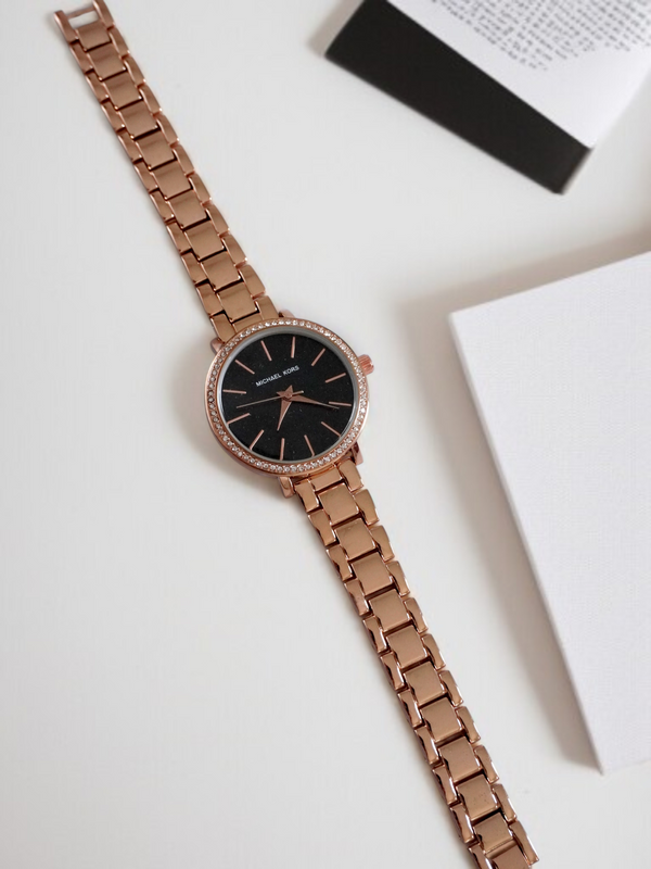 Michael Kors Women’s 34mm Rose Gold Analog Watch – Black Dial with Crystal Bezel