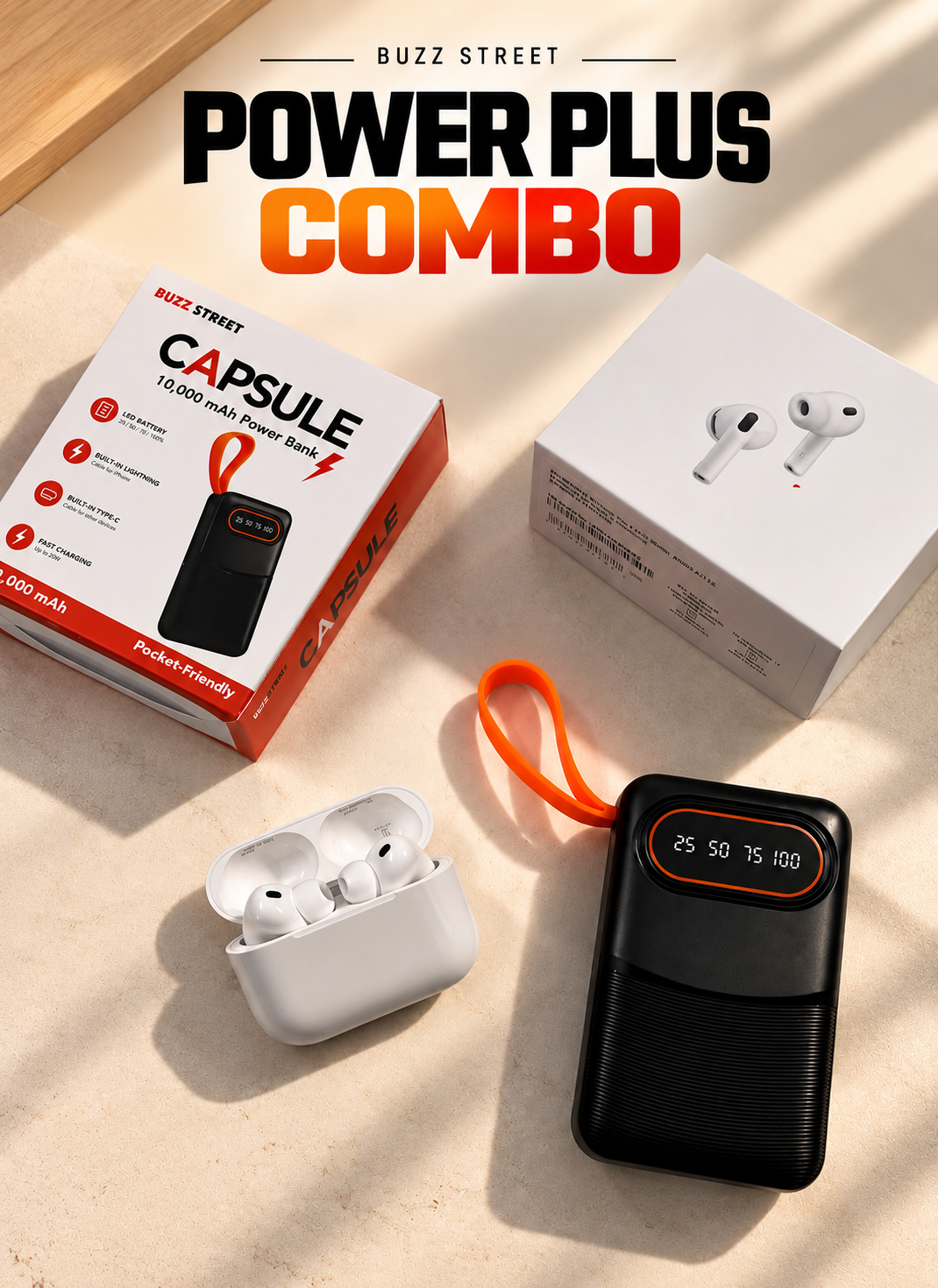 Buzz Power Plus Combo- AirPods Pro 3 | Noise Cancellation Working + Capsule 10,000mAH Powerbank