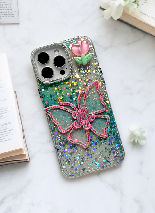 Green Sparkle Bloom 3D Butterfly Phone Case with Charm