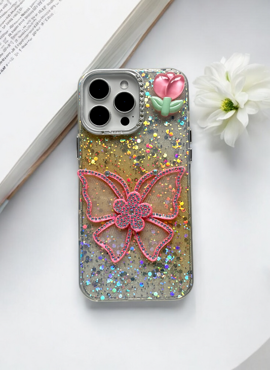 Yellow Sparkle Bloom 3D Butterfly Phone Case with Charm