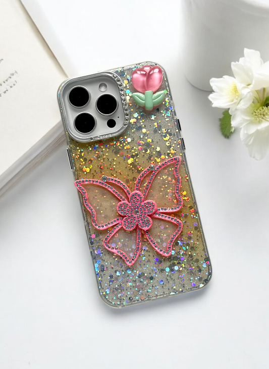 Yellow Sparkle Bloom 3D Butterfly Phone Case with Charm